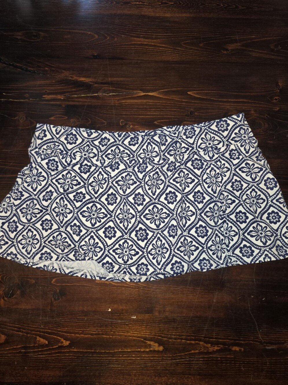 Lands' End Navy & White Tile Print Swim Skirt | Attached Brief Skort